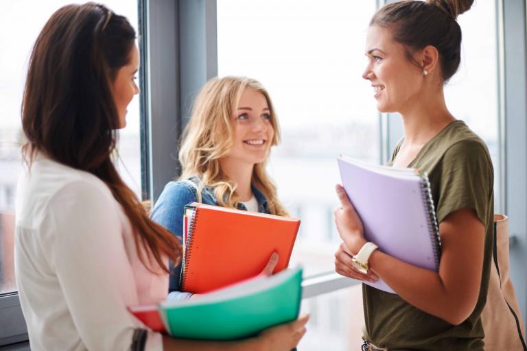 A group of students talking and becoming new friends at school.