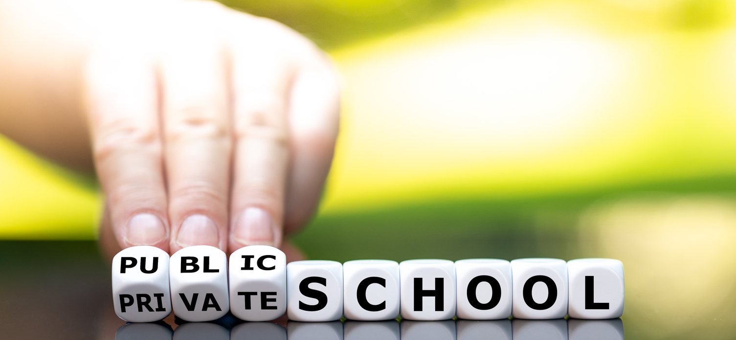 hands-turn-dice-public-vs-private-schools-concept